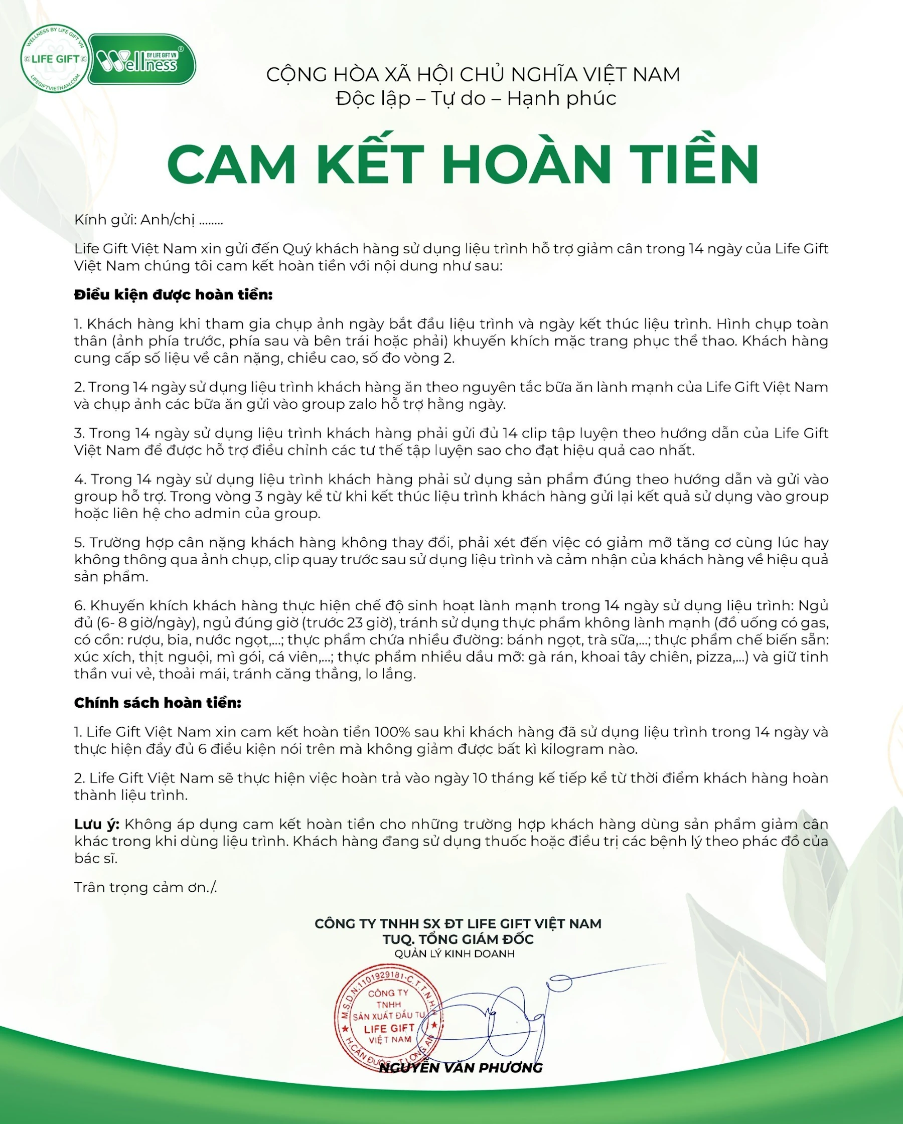 Cam Kết Hoàn Tiền Wellness By Life Gift Việt Nam - 1Mall.vn