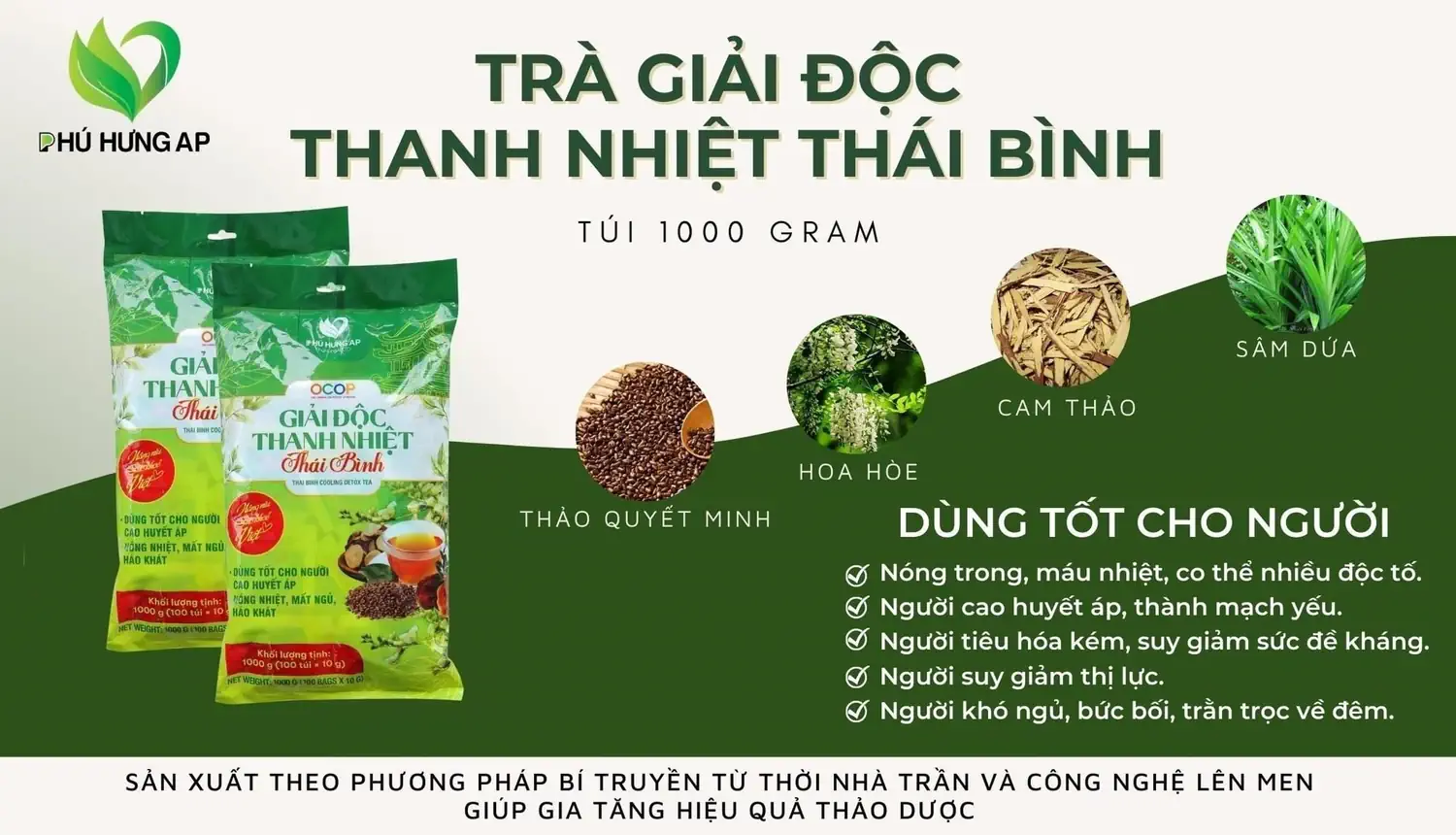 Thành phần và công dụng Trà Giải Độc Thanh Nhiệt Thái Bình 1Kg Phú Hưng AP chính hãng giá tốt - 1Mall.vn