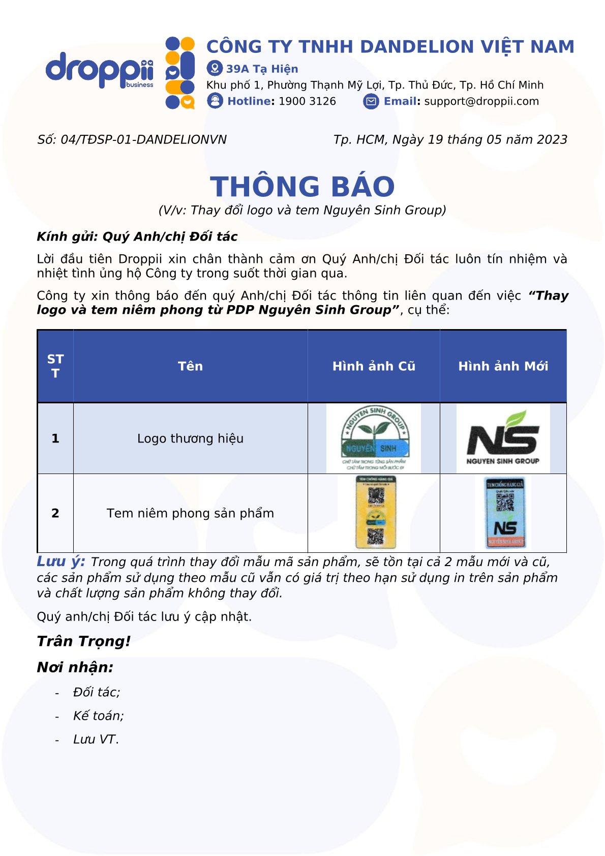 Nguyên Sinh Group thông báo thay đổi tem niêm phong và logo - 1Mall.vn