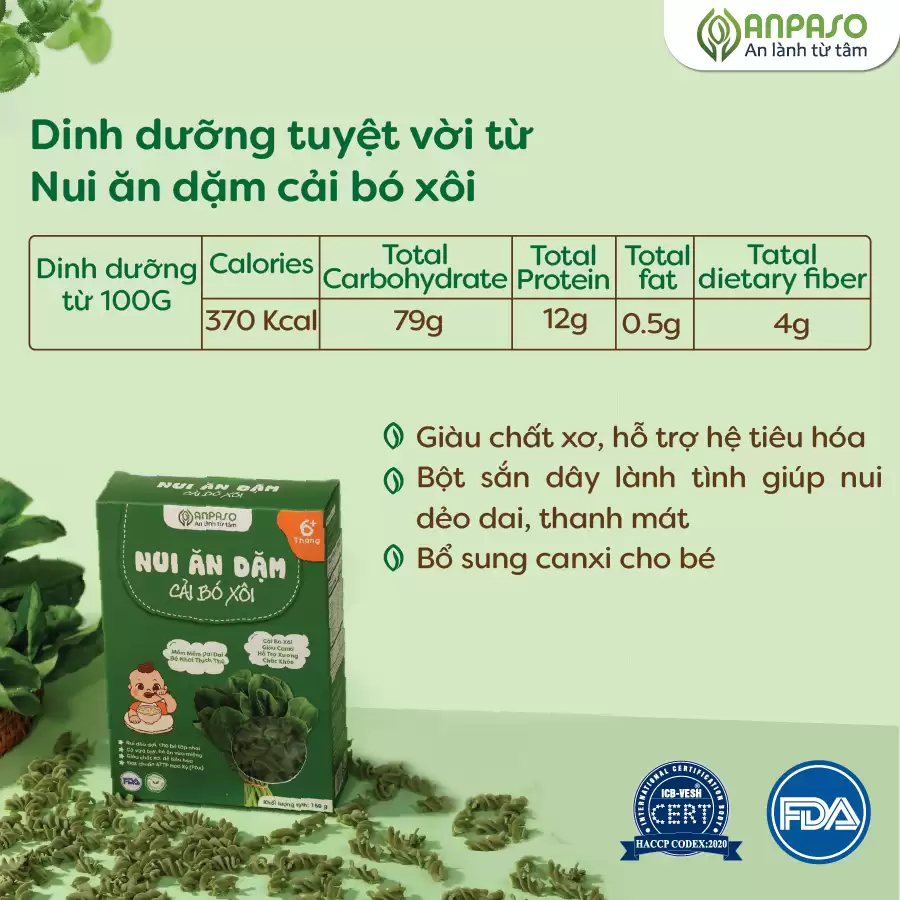 Nui Ăn Dặm Rau Củ Vị Cải Bó Xôi Anpaso