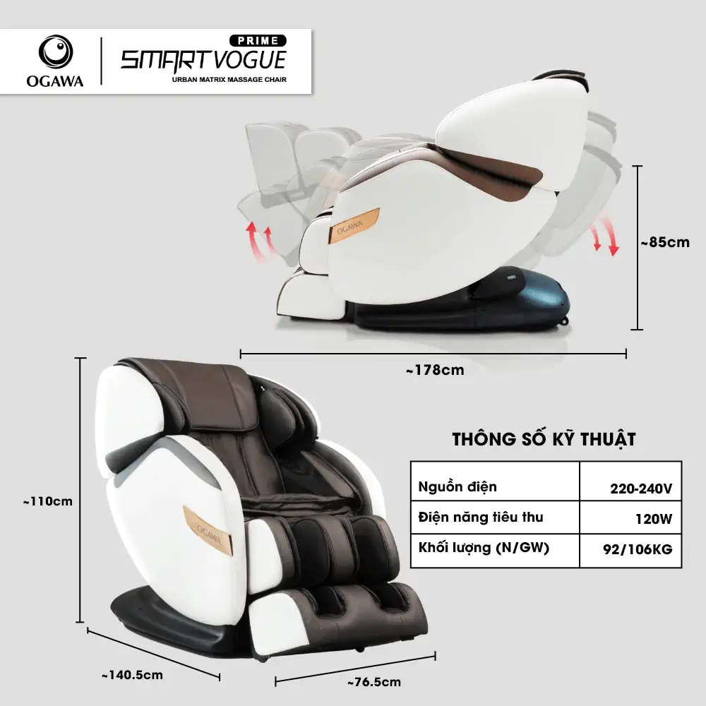 Thông số kỹ thuật Ghế massage Smart Vogue Prime (OG-5569) Ogawa Malaysia chính hãng giá tốt - 1Mall.vn