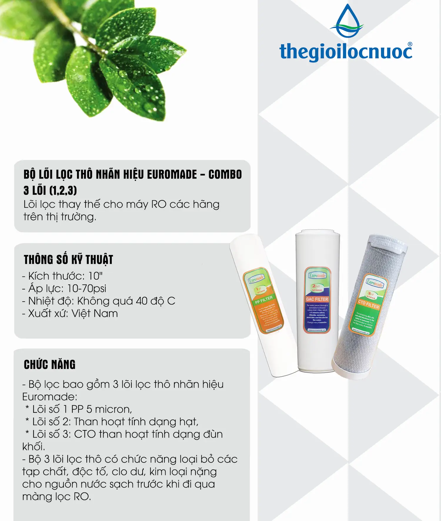 Thông Tin Bộ Lõi Lọc Thô Nhãn Hiệu Euromade, Combo 3 Lõi (1,2,3)