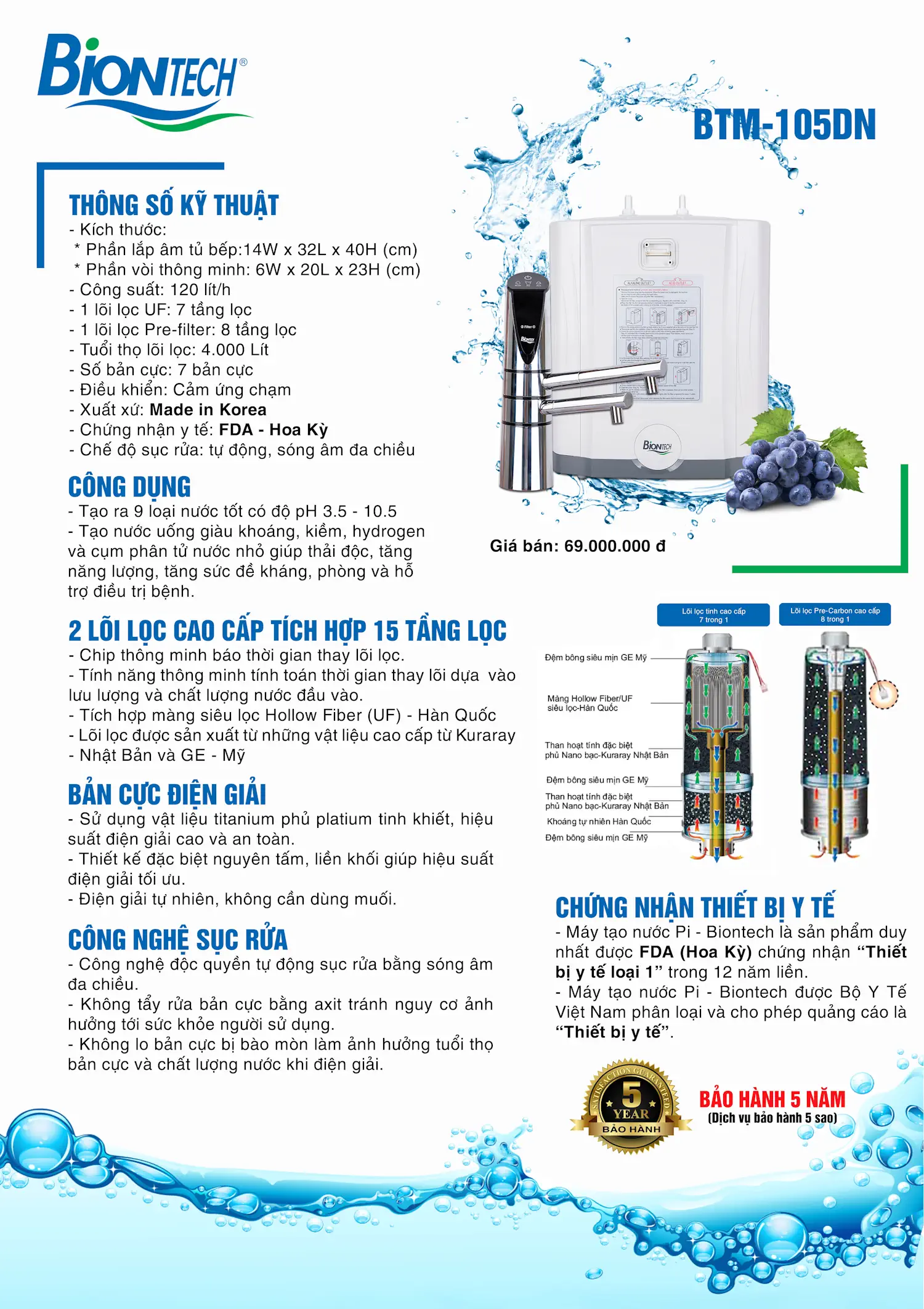 Thông Tin Sản Phẩm Máy Tạo Nước Pi Biontech Btm-105dn