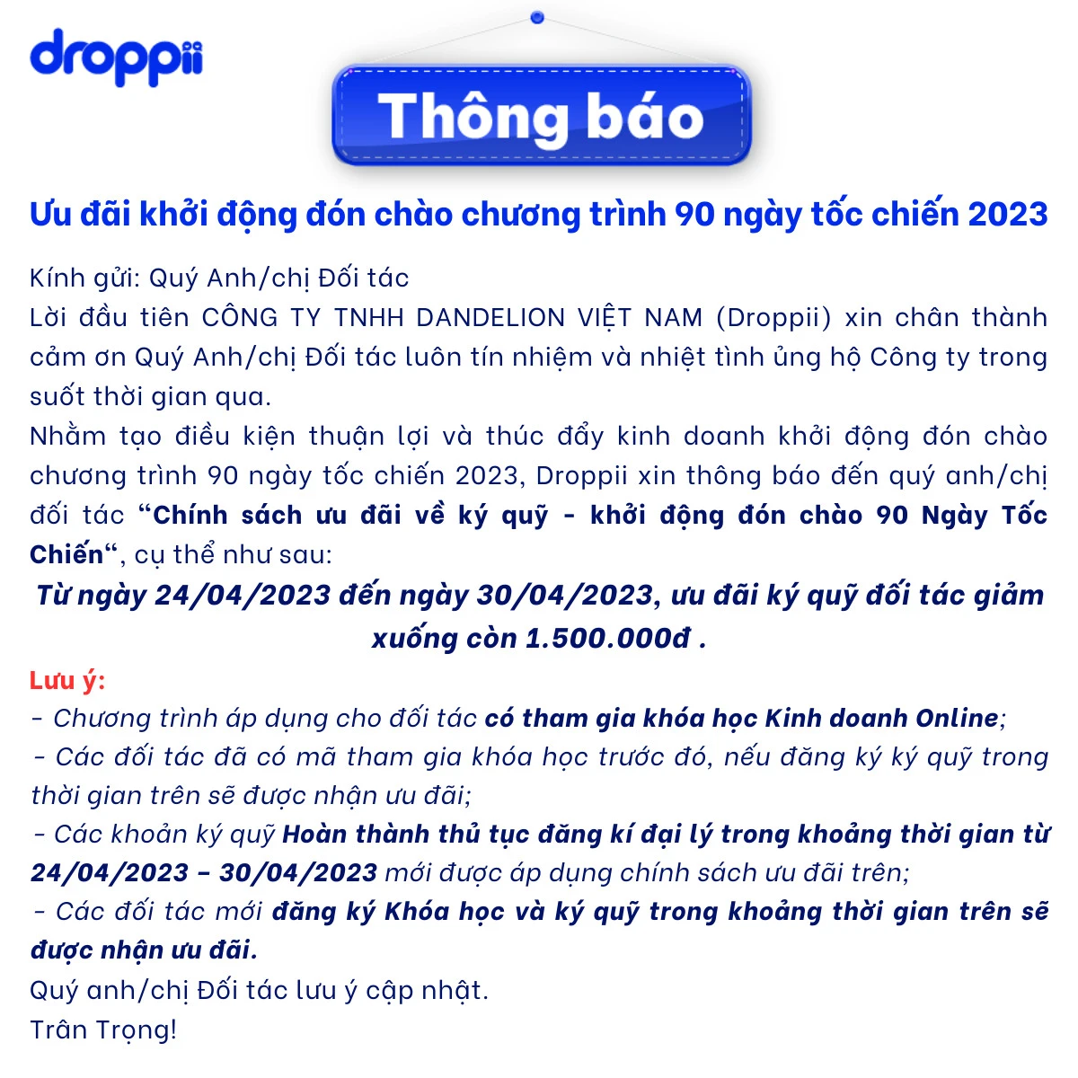 Ưu đãi ký quỹ đối tác Droppii tháng 4.2023 - 1Mall.vn