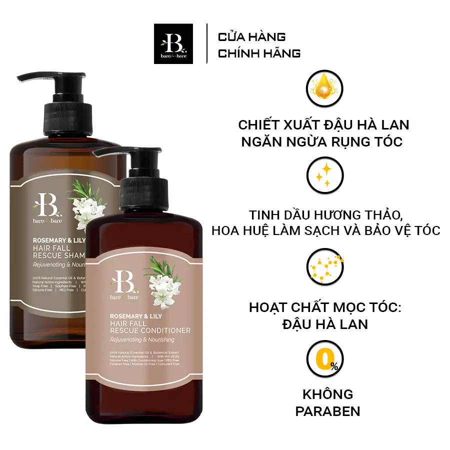 Bộ Dầu gội và Dầu xả Bare For Bare - Ngăn ngừa rụng tóc 300ml x 2 chai - 1Mall.vn