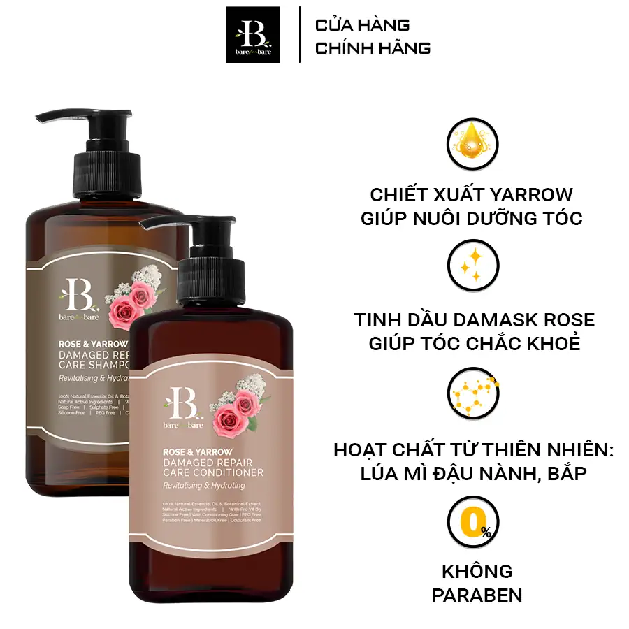 Dầu gội + Dầu xả Bare For Bare - Phục hồi tóc hư tổn 300ml x 2 chai - 1Mall.vn