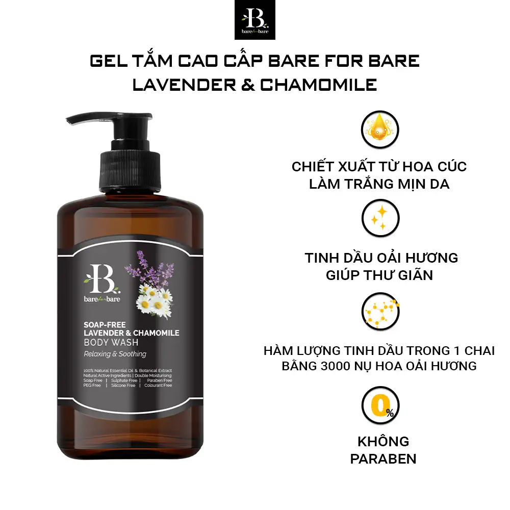 Gel tắm dưỡng ẩm Bare For Bare - Lavender & Chamomile (thư giãn & làm dịu) - 1Mall.vn