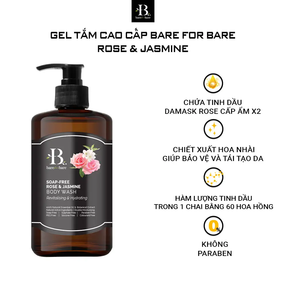 Gel tắm dưỡng ẩm Bare For Bare - Rose & Jasmine (phục hồi & dưỡng ẩm) - 1Mall.vn