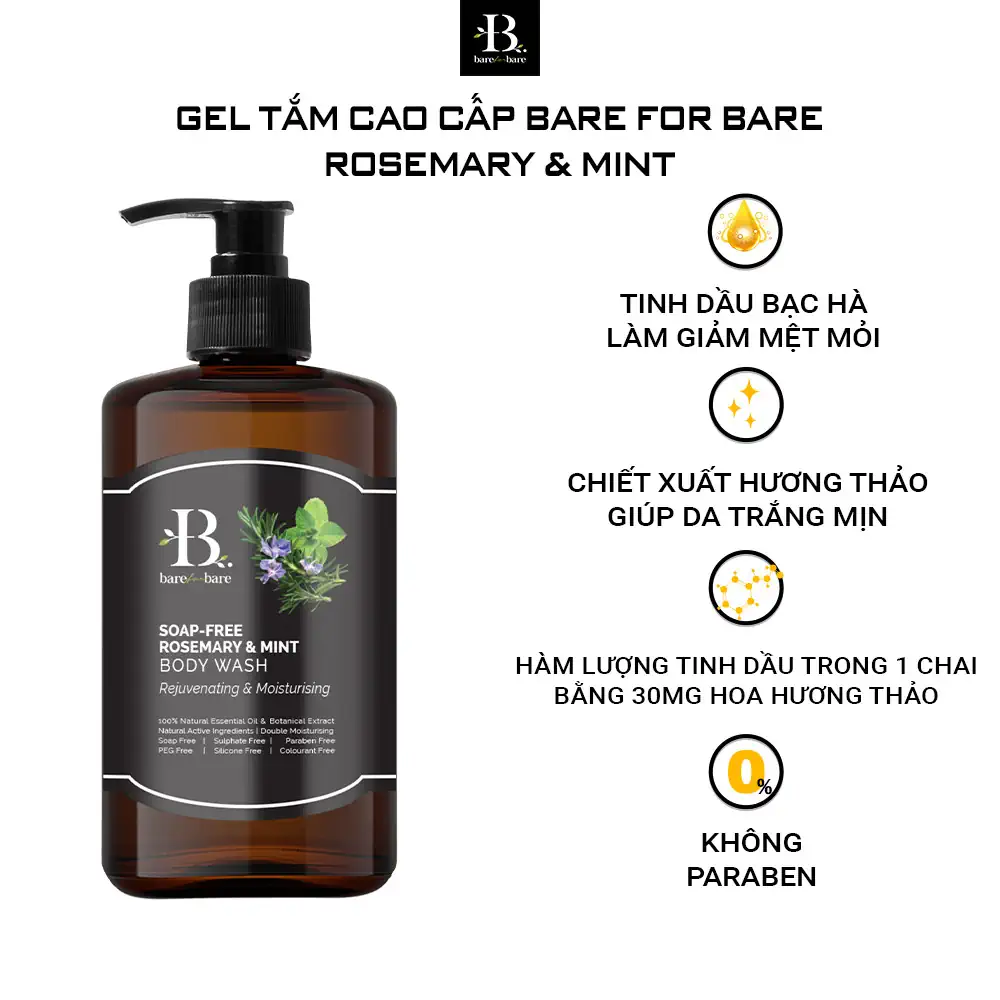 Gel tắm dưỡng ẩm Bare For Bare - Rosemary & Mint (dưỡng ẩm & trẻ hóa) - 1Mall.vn