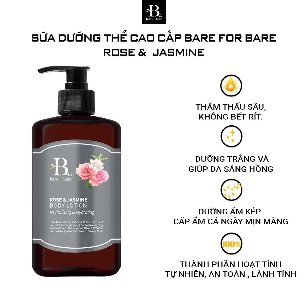 Sữa dưỡng thể dưỡng ẩm Bare For Bare - Rose & Jasmine (phục hồi & dưỡng ẩm) - 1Mall.vn