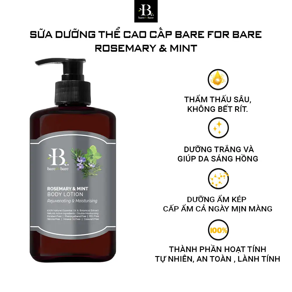 Sữa dưỡng thể dưỡng ẩm Bare For Bare - Rosemary & Mint (dưỡng ẩm & trẻ hóa) - 1Mall.vn