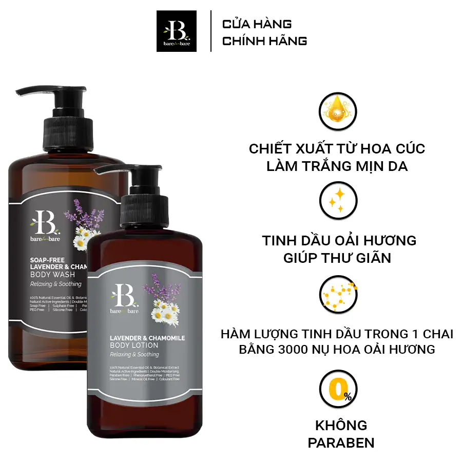 Ưu điểm Bộ chăm sóc cơ thể Lavender & Chamomile chính hãng giá tốt - Cấp ẩm thư giãn và làm dịu Bare for Bare - 1Mall.vn