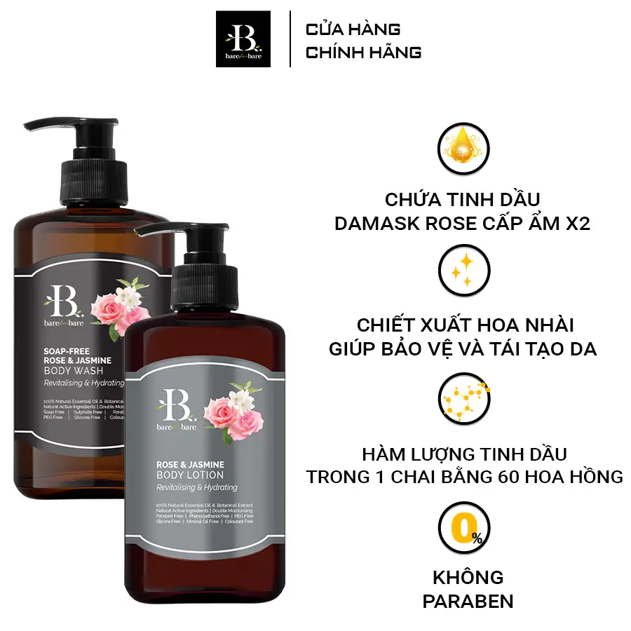 Ưu điêm Bộ chăm sóc cơ thể Rose and Jasmine - gel tắm và sữa dưỡng thể Cấp ẩm và phục hồi Bare for Bare - 1Mall.vn