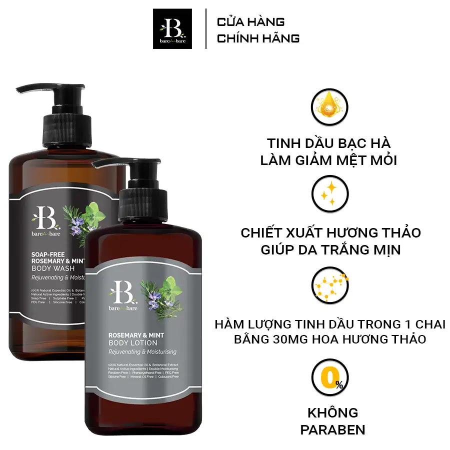 Ưu điểm Bộ chăm sóc cơ thể Rosemary & Mint - Dưỡng ẩm và trẻ hóa Bare for Bare chính hãng giá tốt - 1Mall.vn