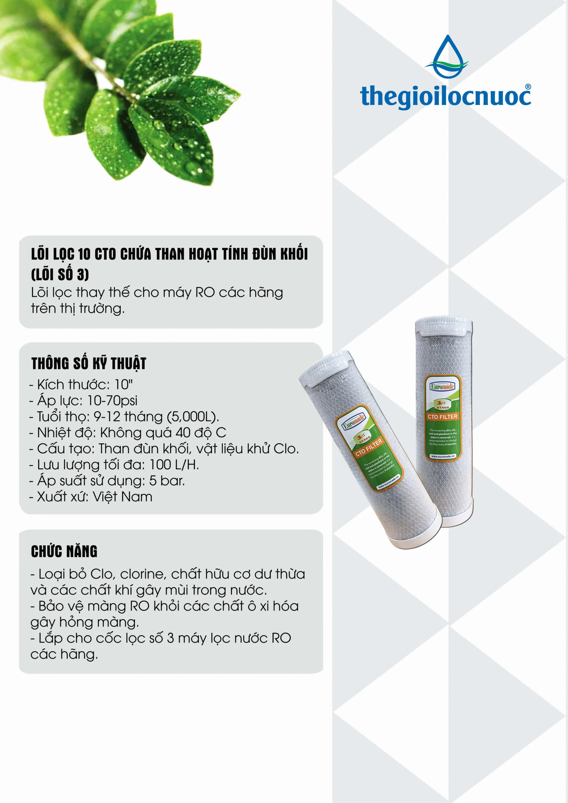 Thông Tin Lõi Lọc 10 Cto Chứa Than Hoạt Tính đùn Khối (lõi Số 3)