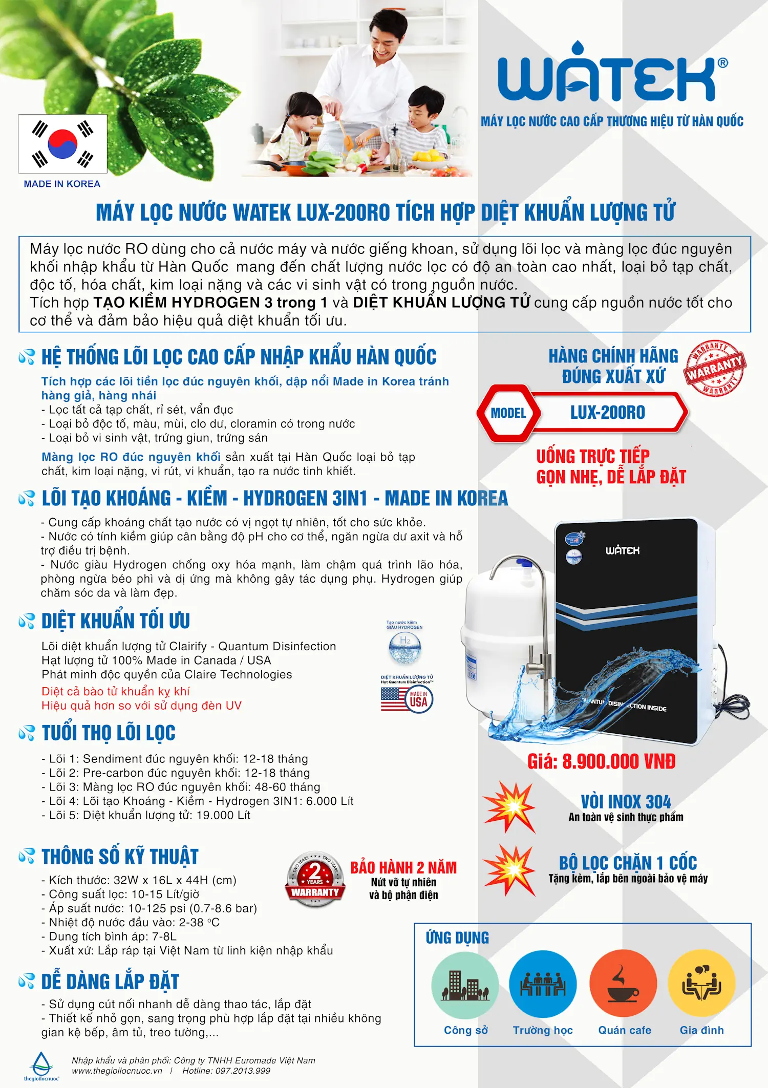 Thông Tin Máy Lọc Nước Diệt Khuẩn Lượng Tử Watek, Model Lux-200 Ro