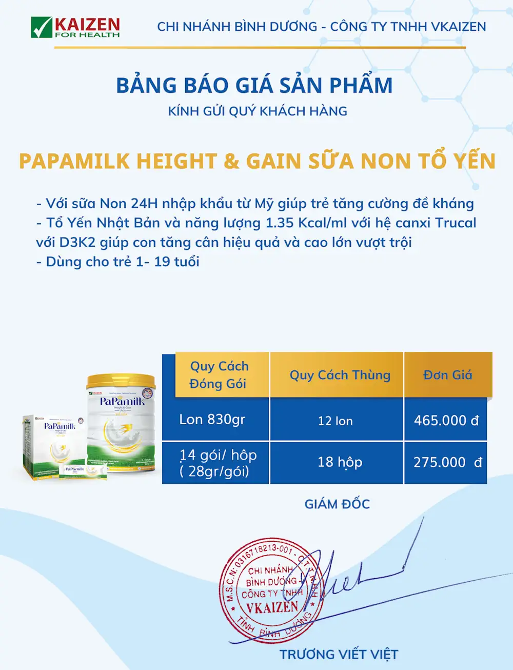 Bảng Báo Giá Sản Phẩm Papamilk Height And Gain Sữa Non Tổ Yến - Vkaizen - 1Mall.vn