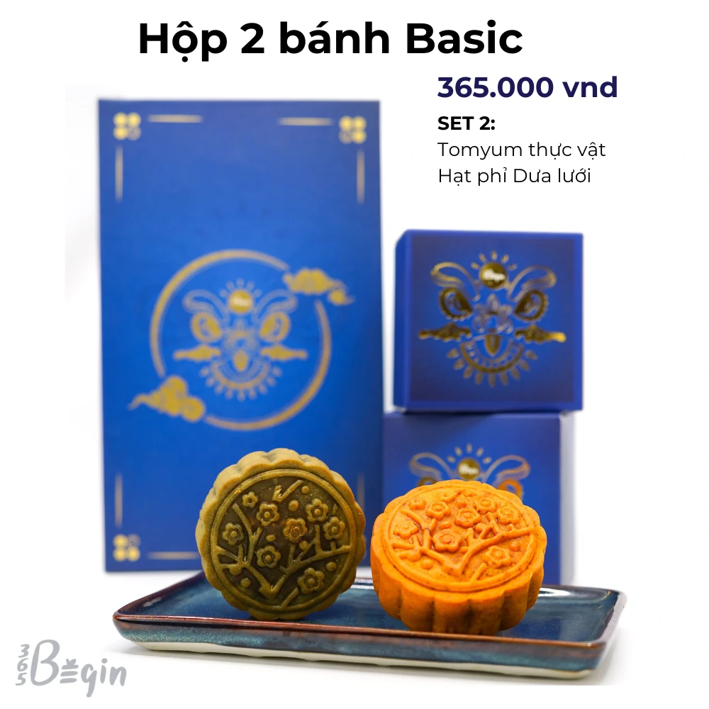 Bánh Trung Thu Plant-based Basic Set 2 (02 Bánh+túi) - Tomyum; Hạt Phỉ Dưa Lưới - 365begin