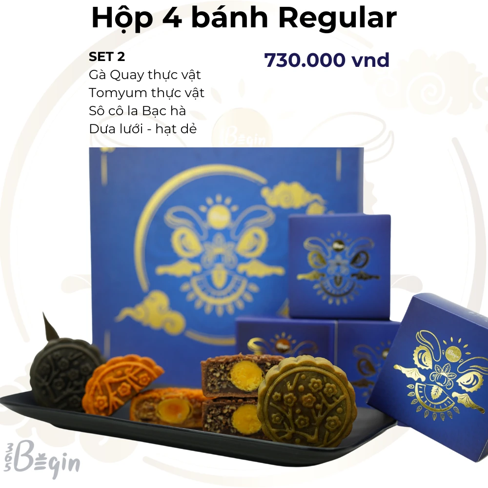 Bánh Trung Thu 365Begin Regular Set 2 (04 Bánh+túi) - Gà Quay; Tomyum; Hạt Phỉ-dưa Lưới; Socola-bạc Hà - 365begin