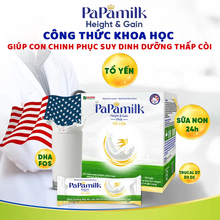 Sữa Papamilk Height And Gain Trẻ Em Chứa Tổ Yến Và Sữa Non Hộp 14 Gói - Sữa Tăng Cân Và Chiều Cao Cho Trẻ - Vkaizen - 1Mall.vn