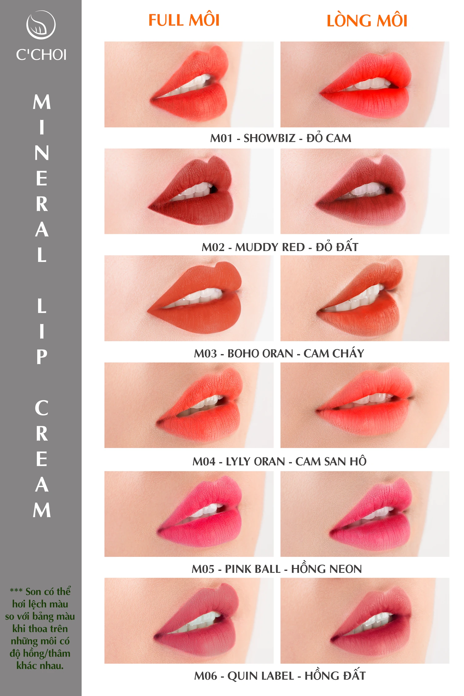 Bảng Màu Son Kem Khoáng C’choi - Mineral Lip Cream - Punar - 1Mall.vn