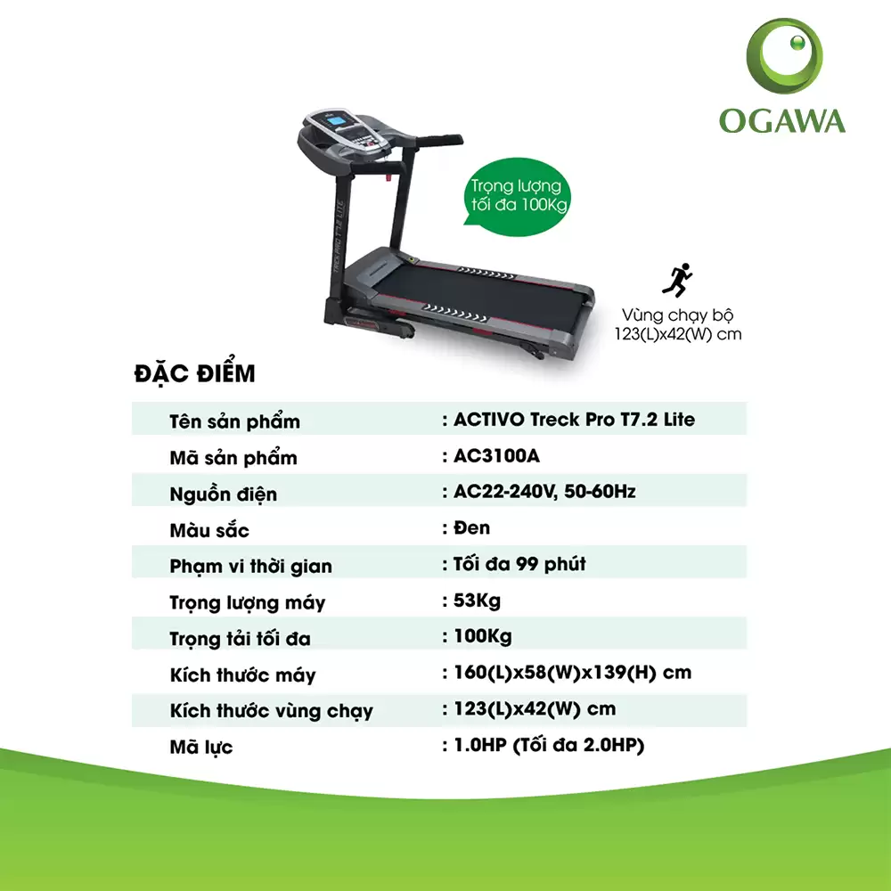 Thông Số Kỹ Thuật Máy Chạy Bộ Ogawa Trek Pro T7.2 Lite (ac-3100a)