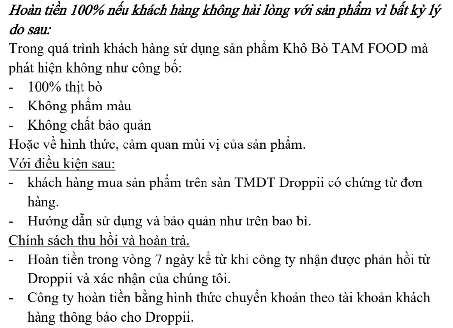 Cam Kết Hoàn Tiền 100% Nếu Khách Hàng Không Hài Lòng Với Sản Phẩm Từ Tam Food - 1Mall.vn