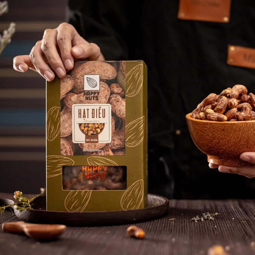 Hạt điều Rang Muối Loại 1 (còn Vỏ Lụa) Happy Nuts Việt Nam 500gr - Droppii Mall