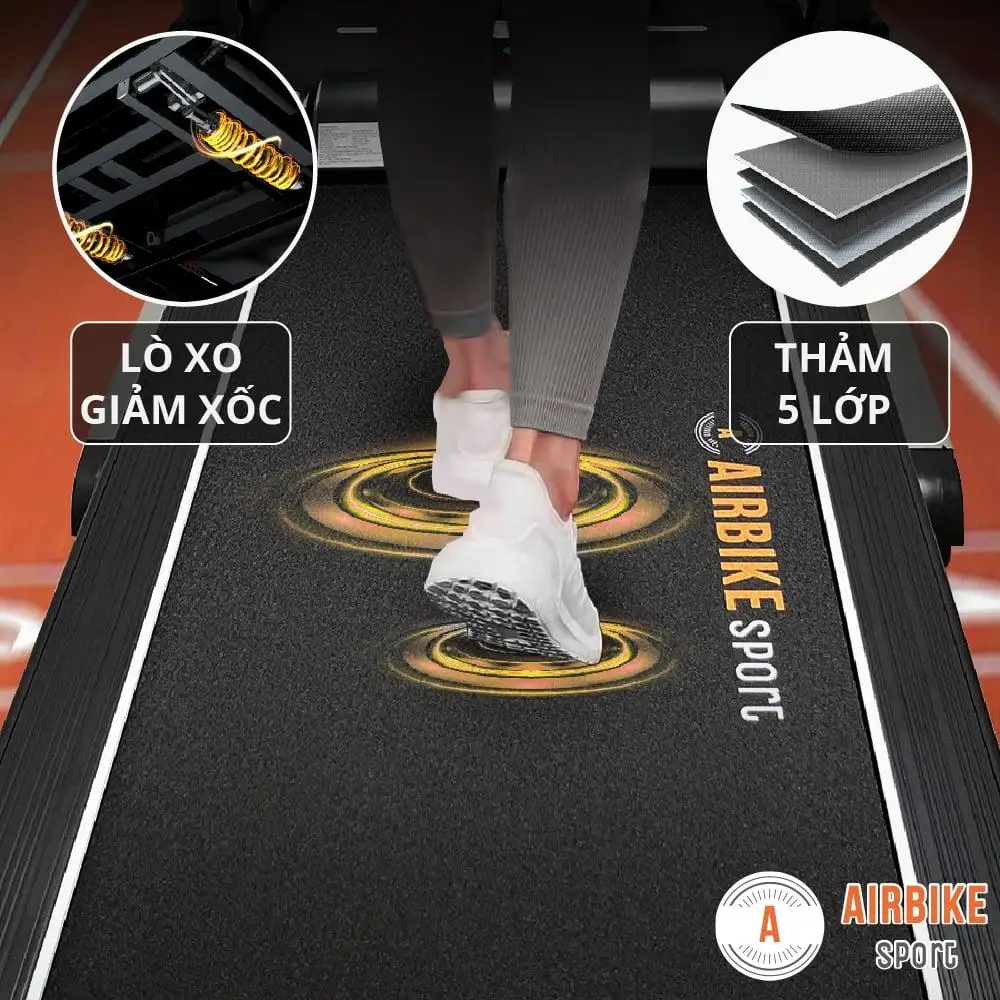 Thảm 5 Lớp êm ái, Kích Thước Rộng Cho Sải Chân Thoải Mái, Lò Xo Giảm Xốc, Giảm Chấn Thương - Máy Chạy Bộ Airbike Sport Mk338