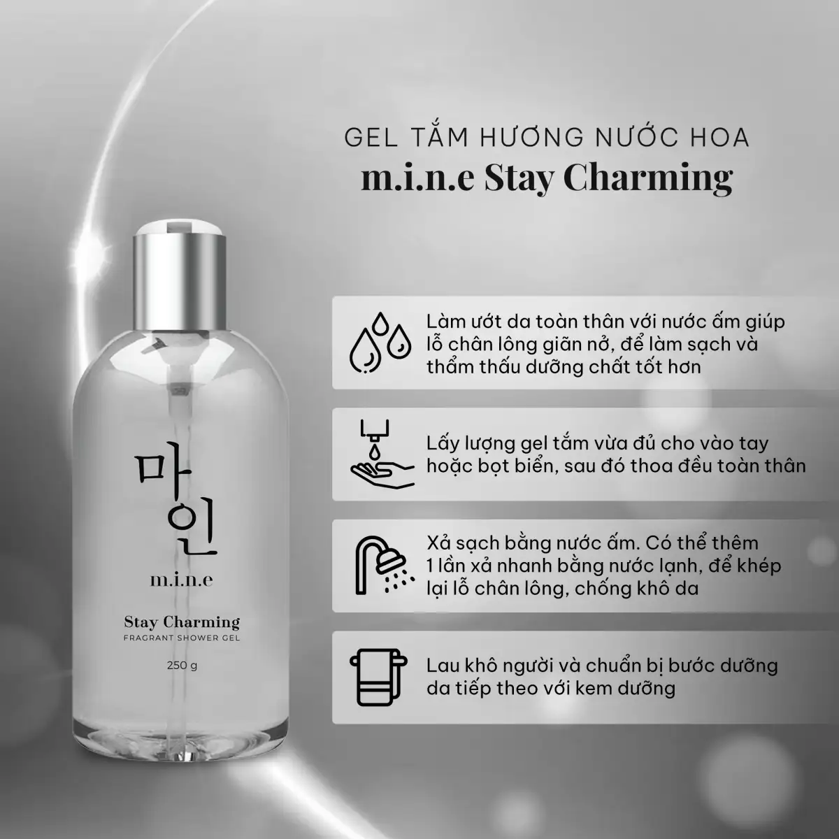 Cách Dùng Gel Tắm Nước Hoa Mine 250g - Stay Charming Fragrant Shower Gel - Droppii Mall