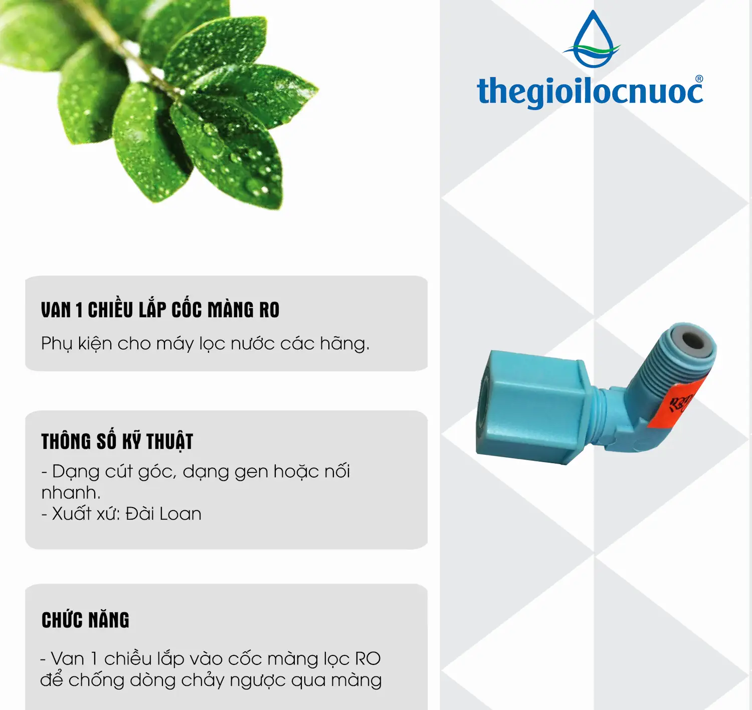Thông Tin Van 1 Chiều Góc Lắp Cốc Màng Ro